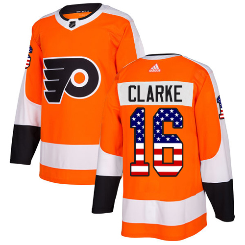 Adidas Flyers #16 Bobby Clarke Orange Home Authentic USA Flag Stitched NHL Jersey - Click Image to Close